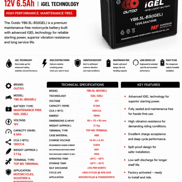 Outdo YTX7L-BS iGel Battery