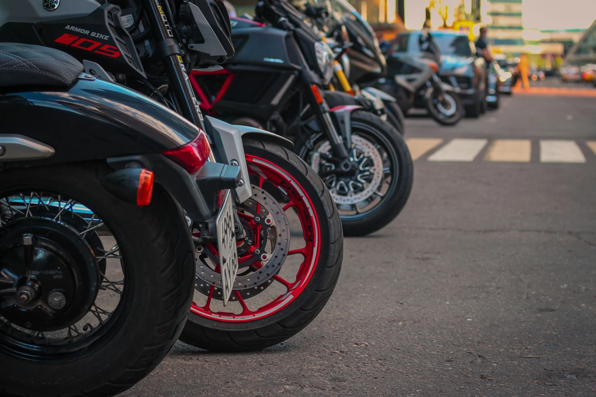 Motorcycle tyres on a city street